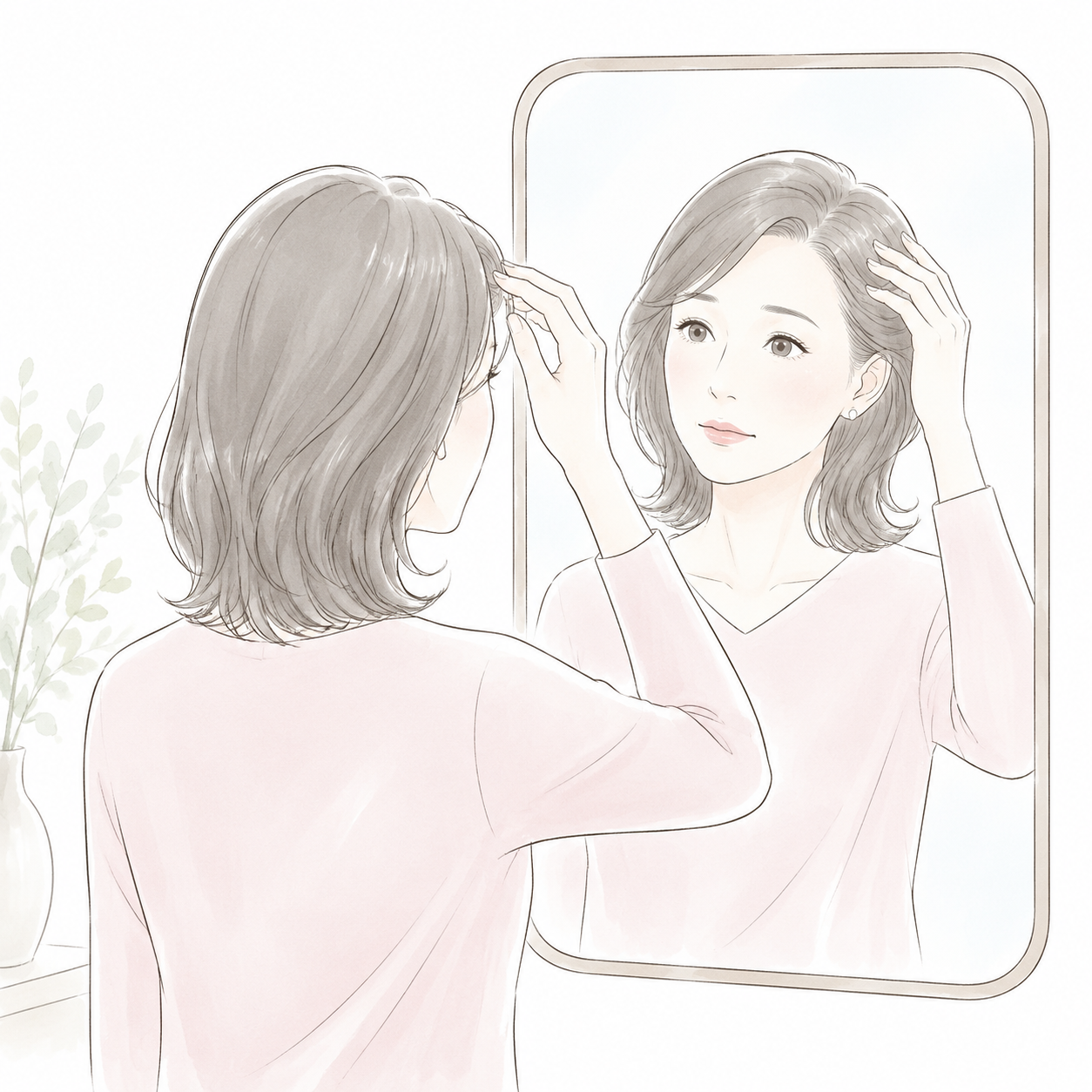 鏡の前で髪を触りながら少し考えている大人女性のイラスト